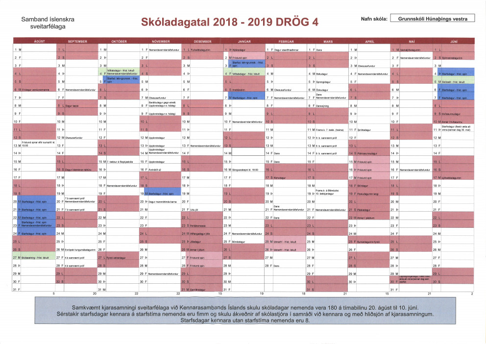 Drög að skóladagatali 2018-2019
