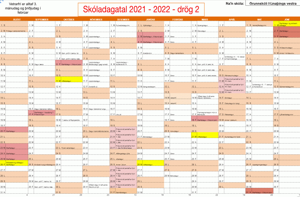 Vetrarfrí, öskudagur, skíðaferð og skóladagatal
