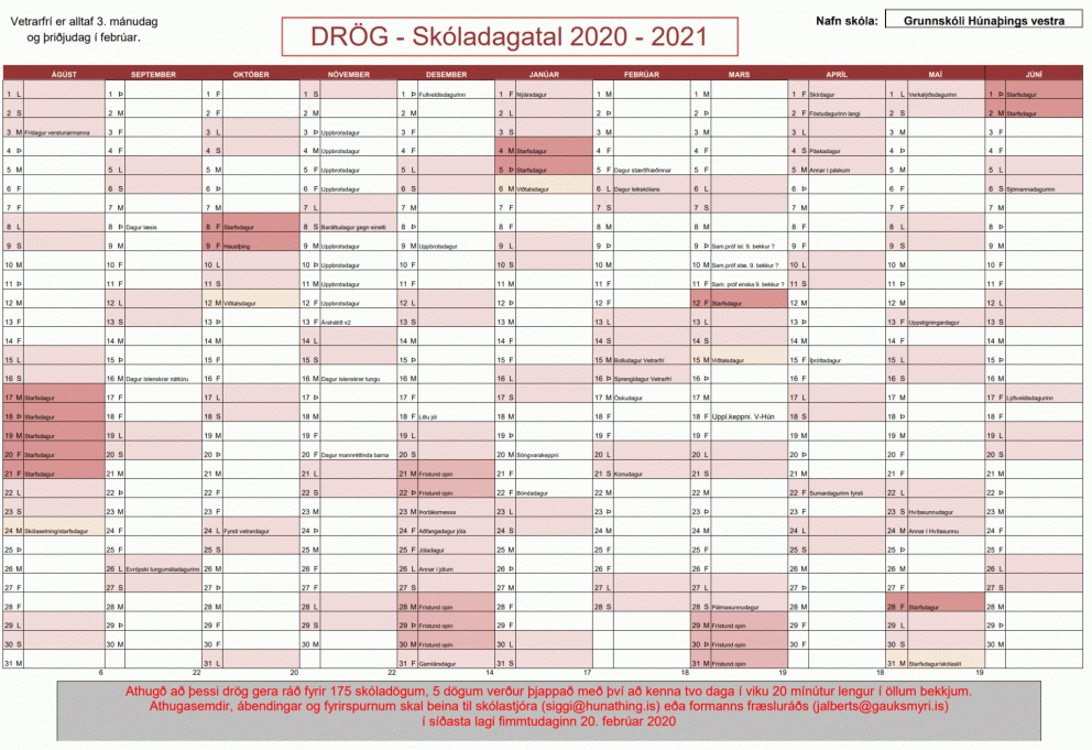 Drög að skóladagatali 2020-2021