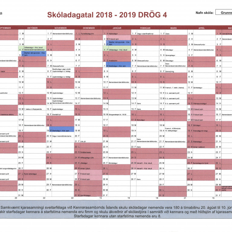 Drög að skóladagatali 2018-2019