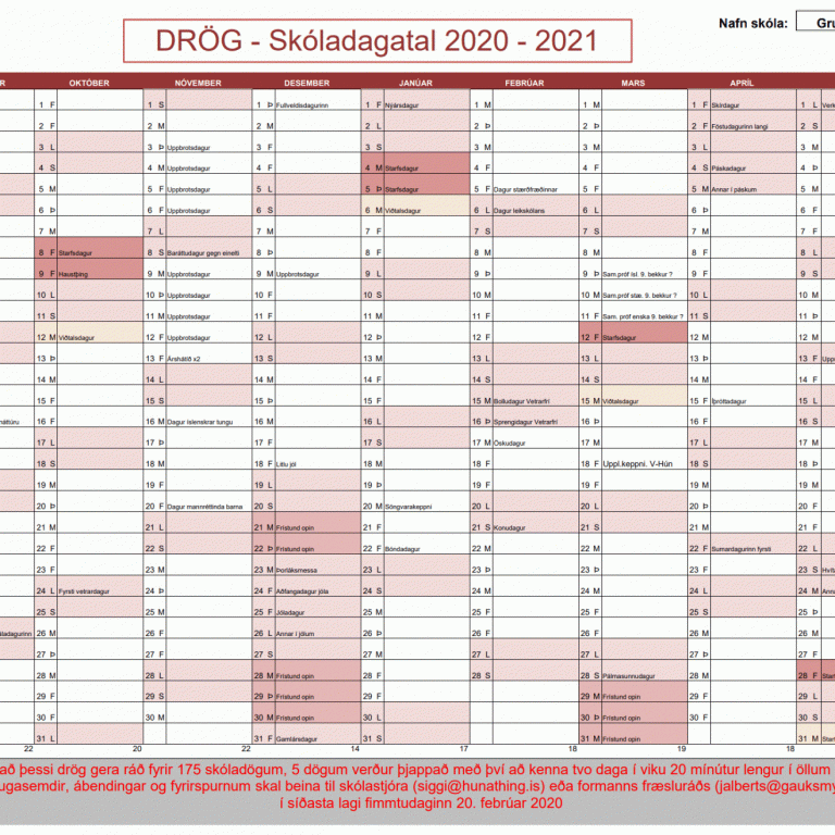 Drög að skóladagatali 2020-2021